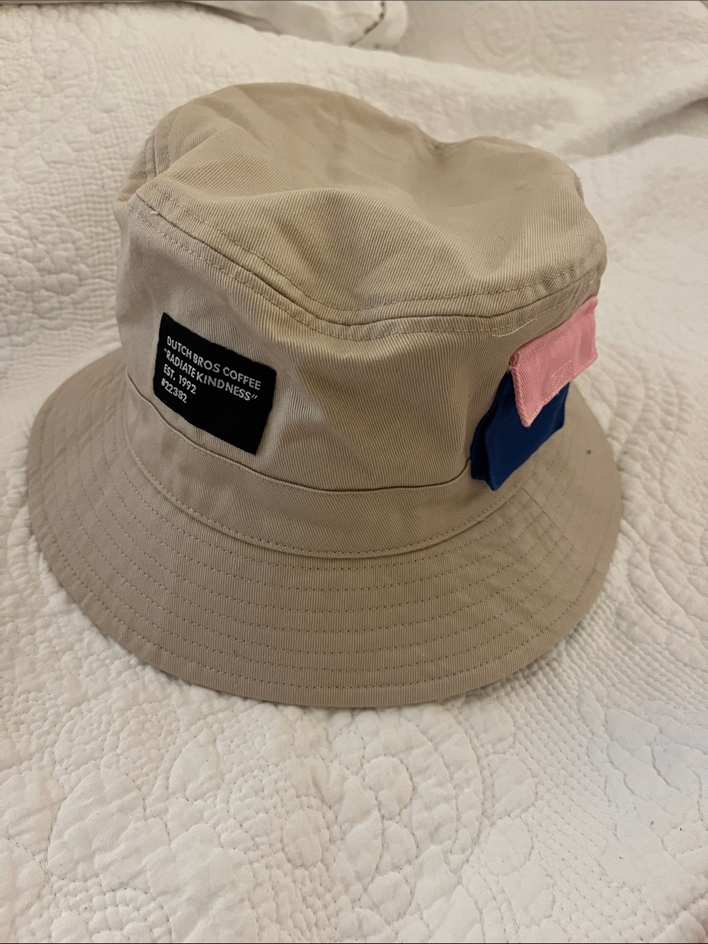 Dutch Bros Beige Bucket Hat with Pink & Blue Tabs OS